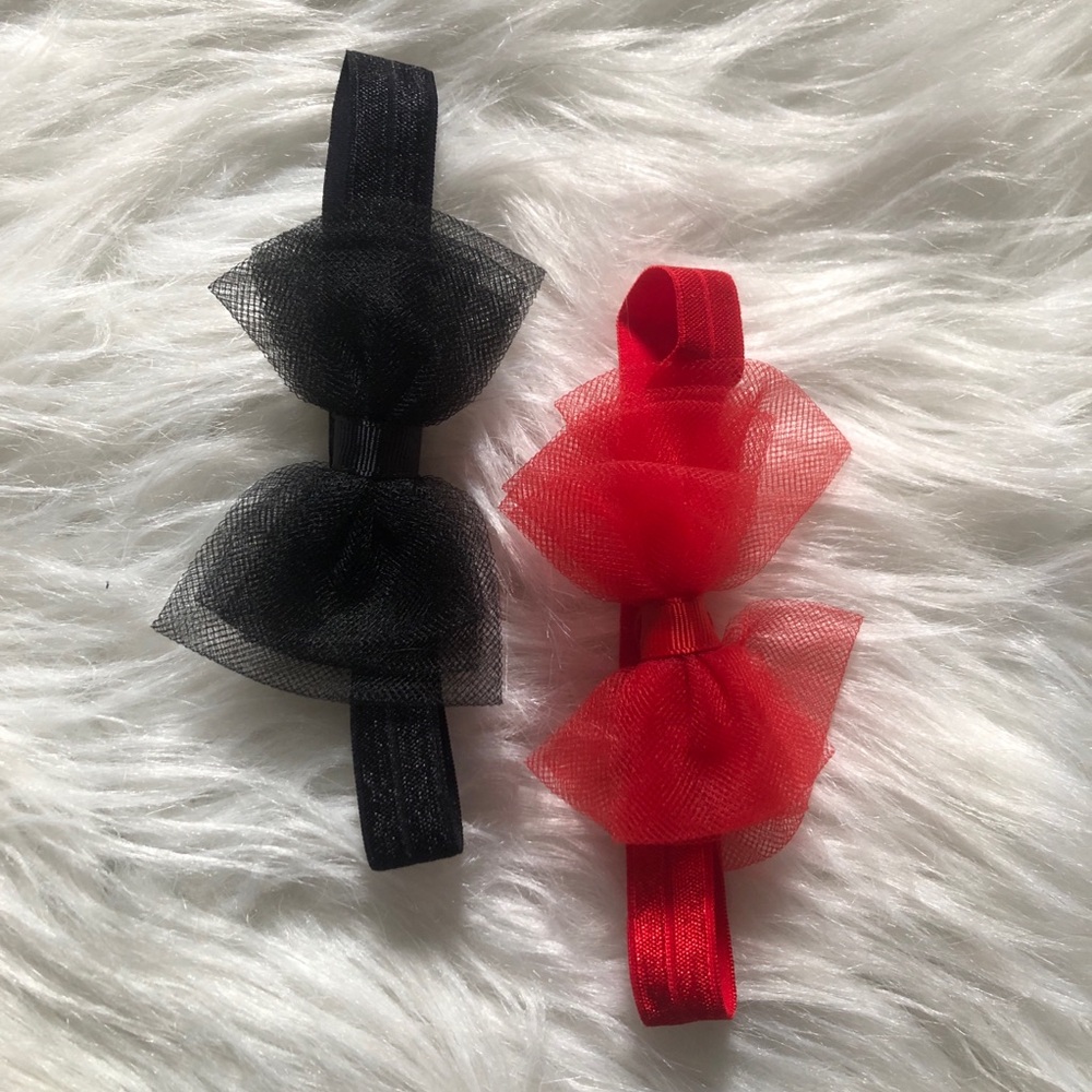 Two red/black baby girl headband bows